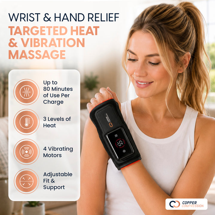 CopperVibe™ Vibrating and Heat Wrist Massager for Everyday Wrist Soreness and Stiffness, 3 Level Heat and Vibration Massage, Adjustable Wrist Brace with Semi Rigid Support