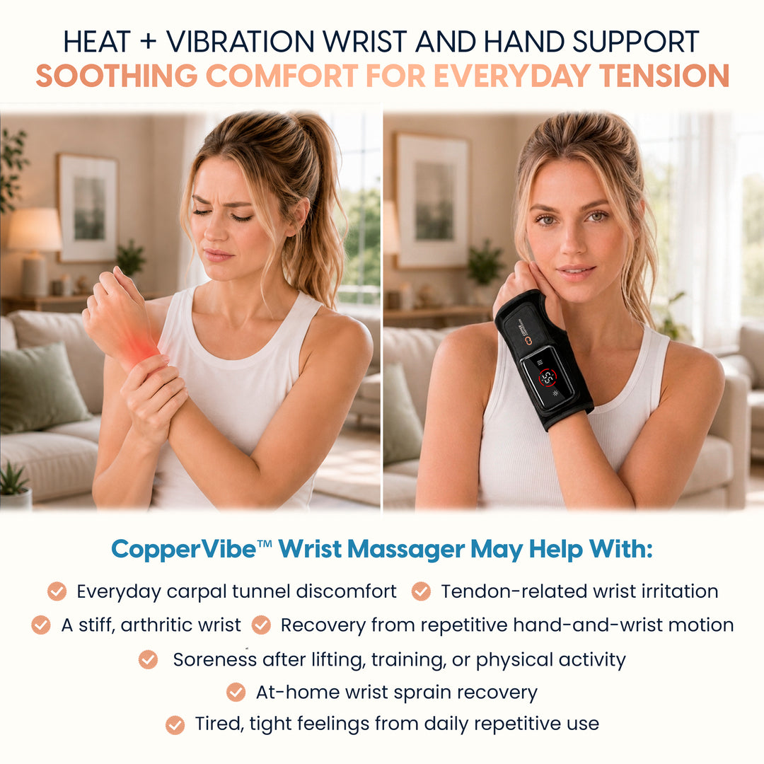 CopperVibe™ Vibrating and Heat Wrist Massager for Everyday Wrist Soreness and Stiffness, 3 Level Heat and Vibration Massage, Adjustable Wrist Brace with Semi Rigid Support