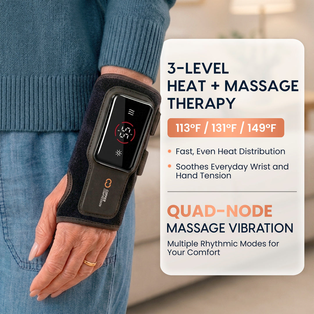 CopperVibe™ Vibrating and Heat Wrist Massager for Everyday Wrist Soreness and Stiffness, 3 Level Heat and Vibration Massage, Adjustable Wrist Brace with Semi Rigid Support