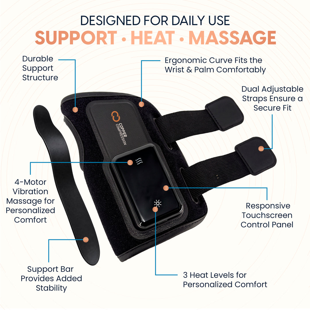 CopperVibe™ Vibrating and Heat Wrist Massager for Everyday Wrist Soreness and Stiffness, 3 Level Heat and Vibration Massage, Adjustable Wrist Brace with Semi Rigid Support