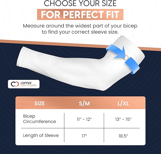 Copper Compression Full Arm Sun Sleeves for Men and Women – UPF 50+ UV Protection