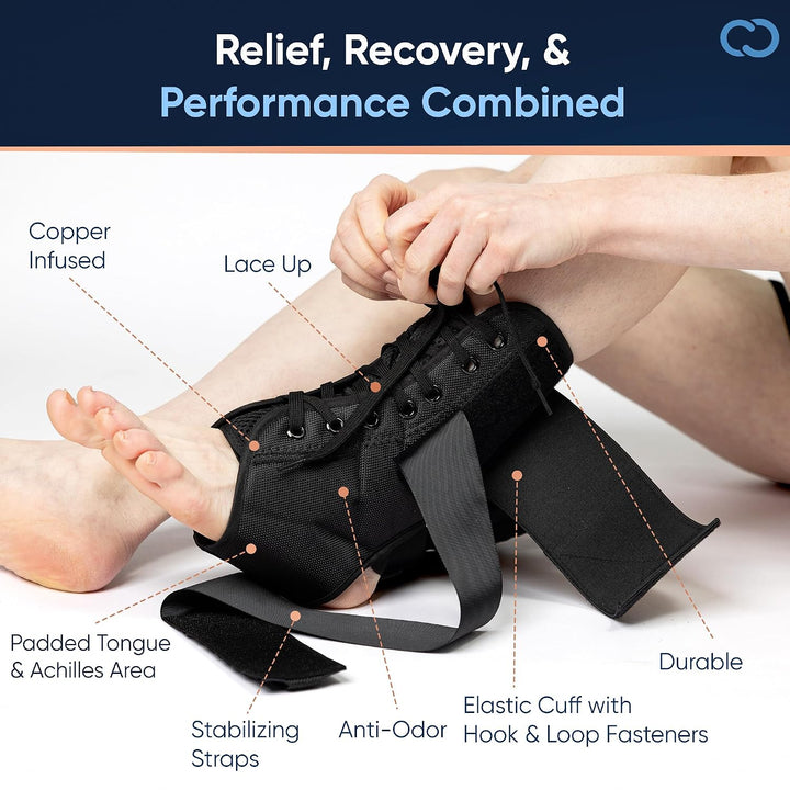 Copper Compression Ankle Brace - Adjustable Lace Up Support - Adjustable Straps for Sprains, Swelling, Injury & Sports – Breathable Neoprene Sleeve with Copper Infused Fabric for Men & Women - S/M