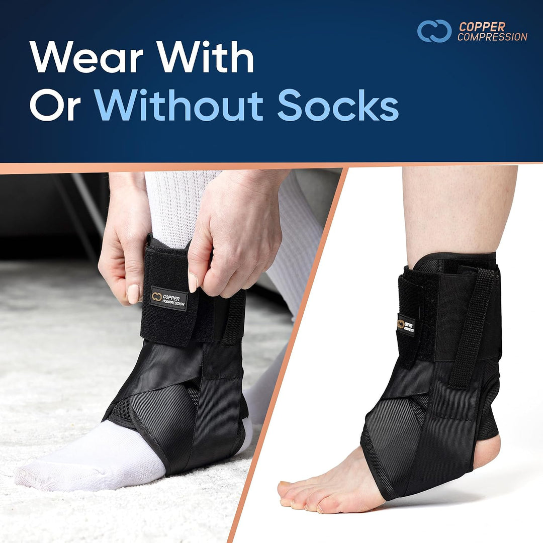 Copper Compression Ankle Brace - Adjustable Lace Up Support - Adjustable Straps for Sprains, Swelling, Injury & Sports – Breathable Neoprene Sleeve with Copper Infused Fabric for Men & Women - S/M