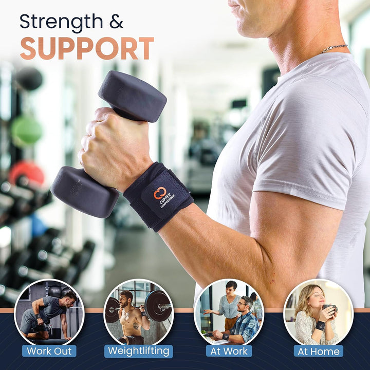 Copper Compression Wrist Wraps – Adjustable Copper Infused Wrist Support for Weightlifting, Workouts, Injury Recovery, Carpal Tunnel, Tendonitis, and Pain Relief – Breathable and Comfortable Straps